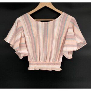 Japna Women Striped Fluter Sleeve Crop Top M Pink Pastel Feminine Coastal Summer
